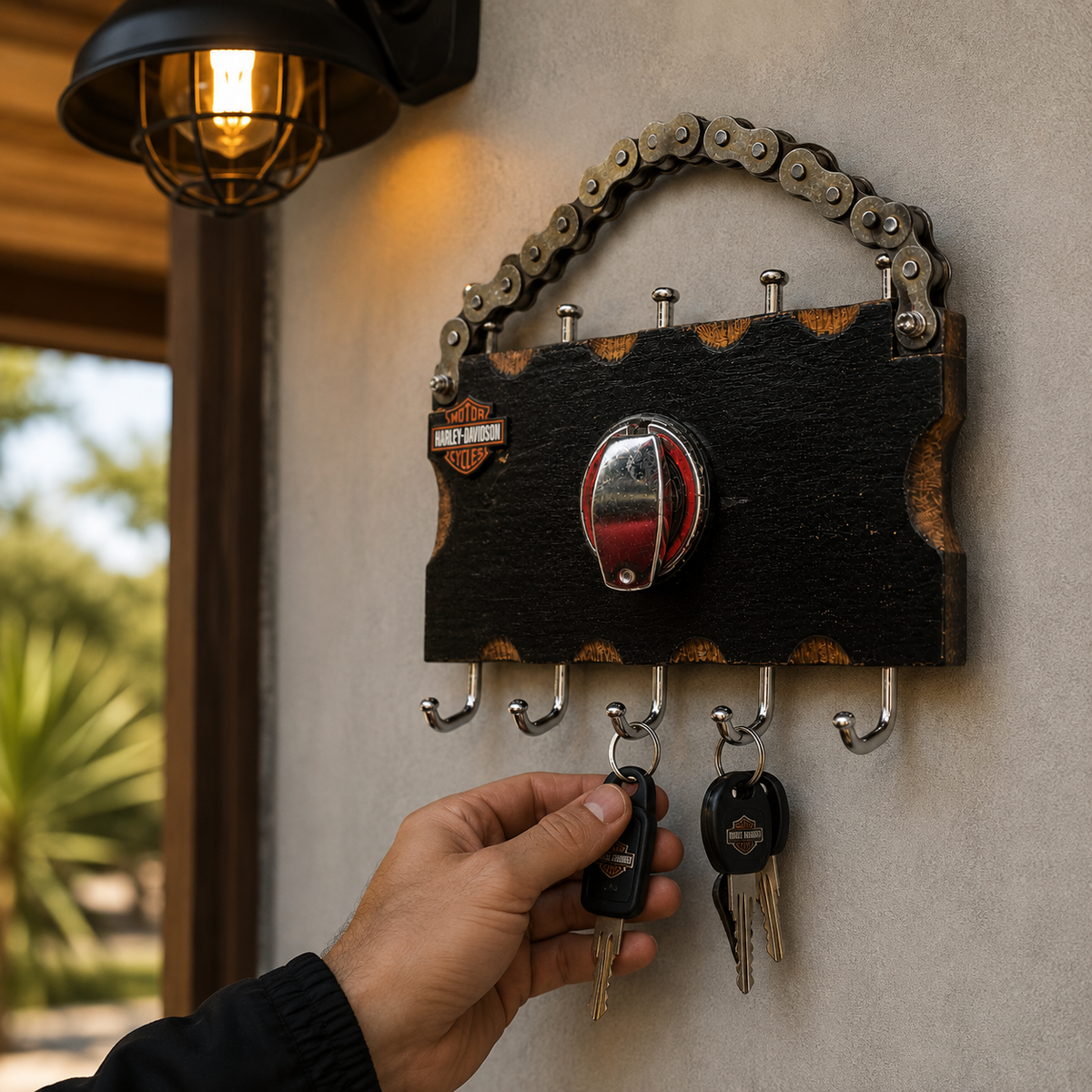 Llavero de Pared Harley-Davidson Artesanal en Madera con Cadena de Moto | Decoración Industrial Exclusiva