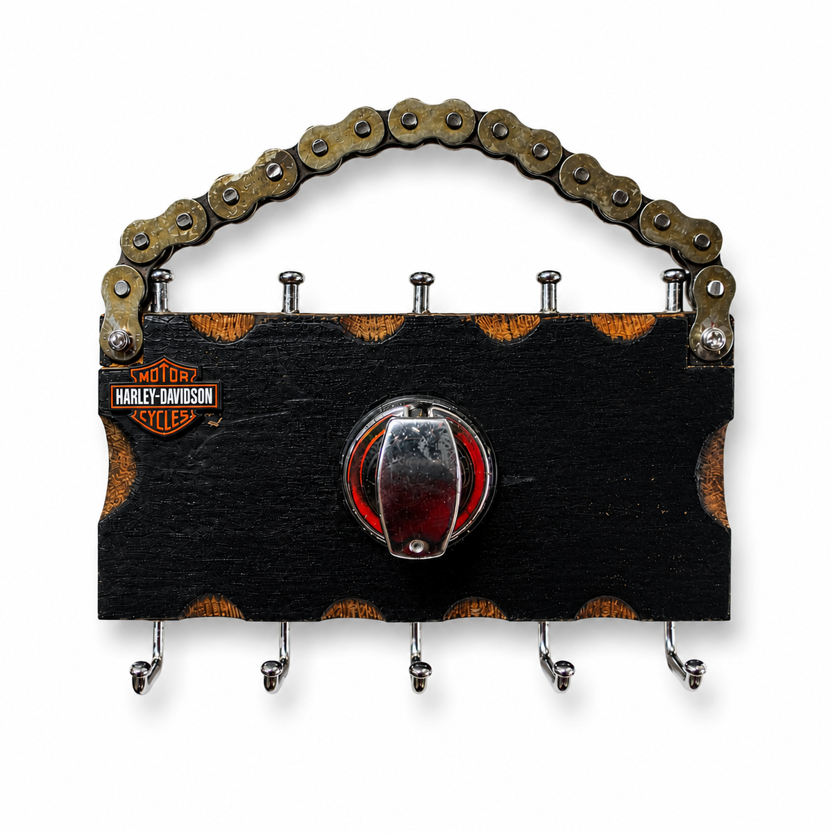 Llavero de Pared Harley-Davidson Artesanal en Madera con Cadena de Moto | Decoración Industrial Exclusiva
